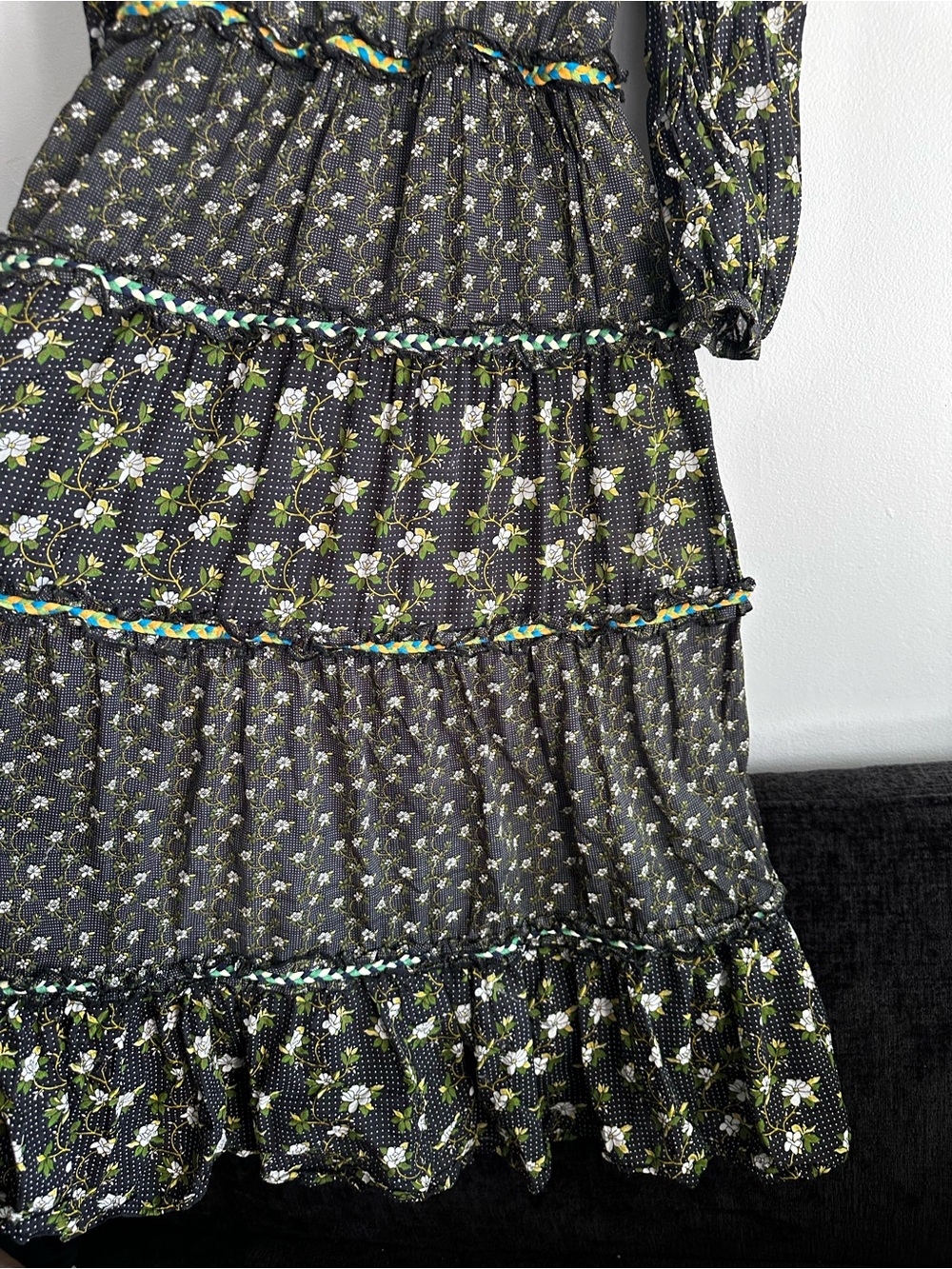 Anthropologie Karoline Black Floral Tiered Maxi Dress with Green Accents Small - Picture 8 of 16
